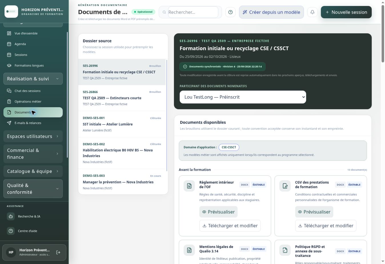Sélection du dossier source et des documents, compte de démonstration