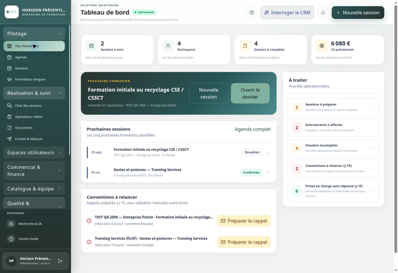 Vue réelle du tableau de bord du CRM Qualio 3.14, données de démonstration